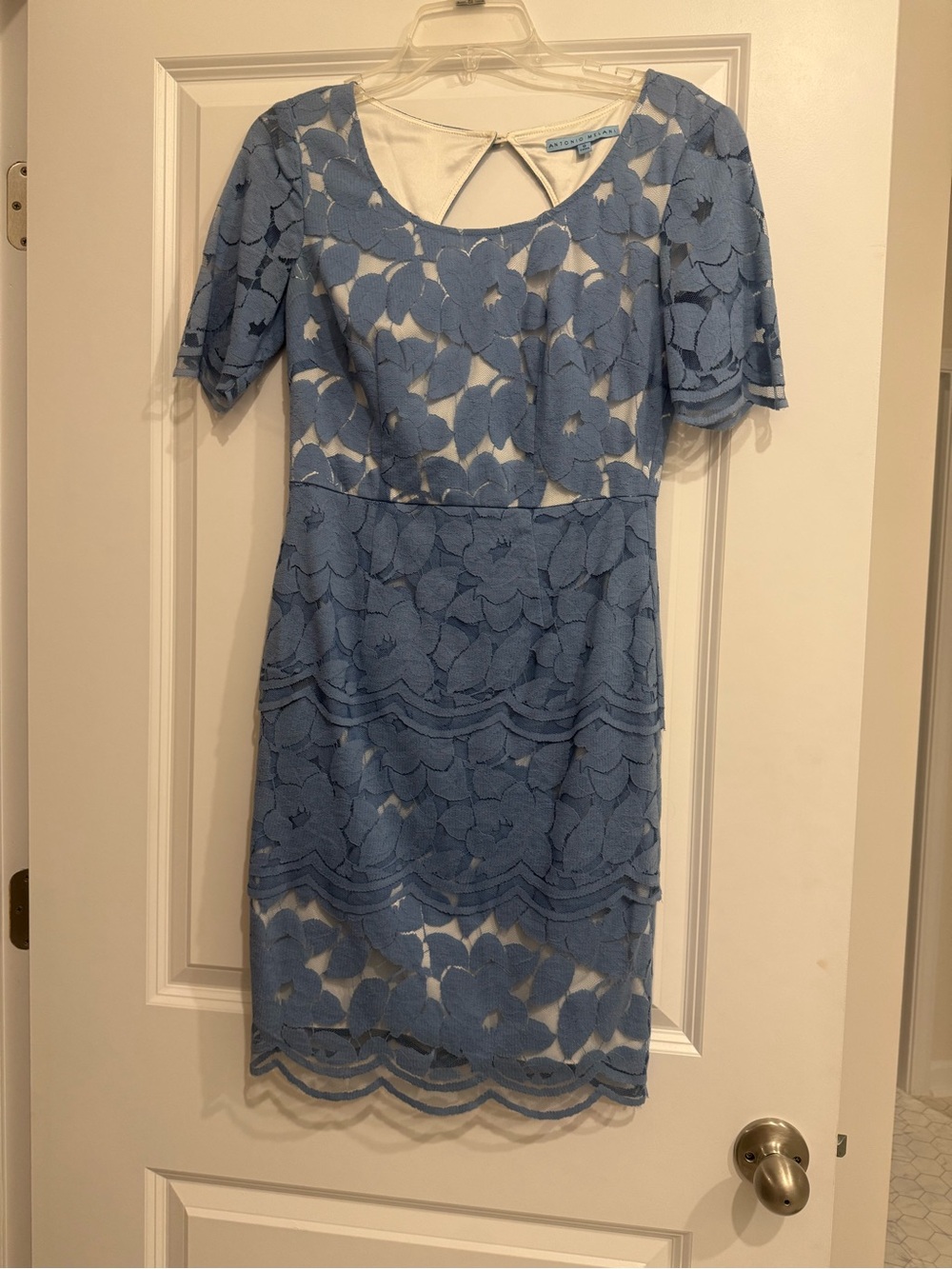 ANTONIO MELANI Dusty Blue Floral Lace Short Sleeve Dress